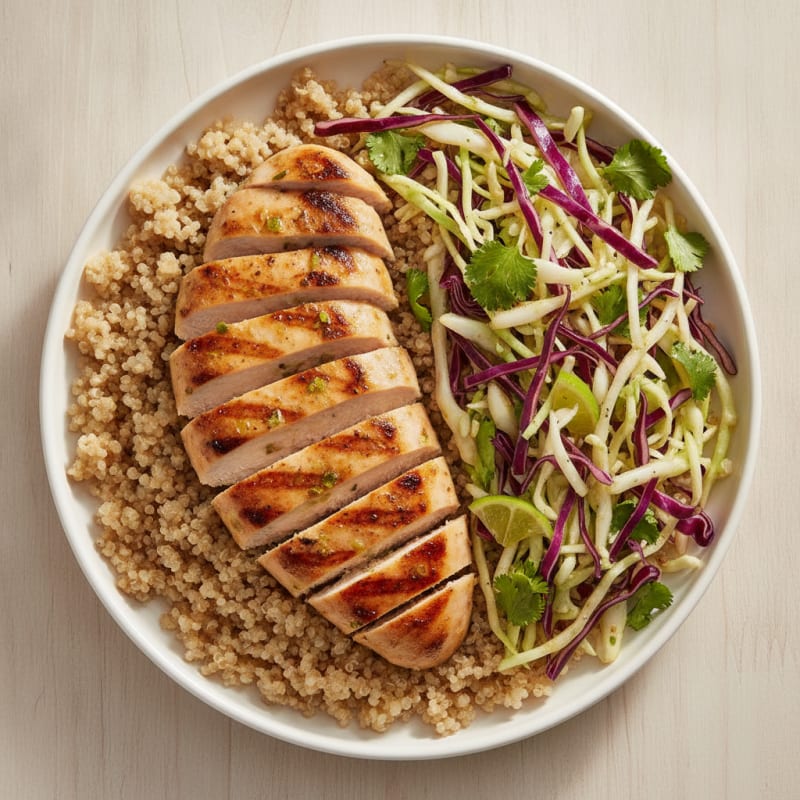 Grilled Chicken Breast with Crunchy Cabbage Slaw and Quinoa