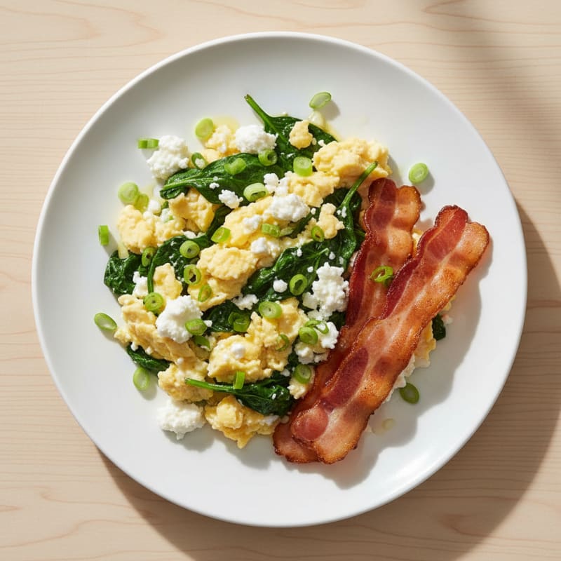 Cottage Cheese Scramble with Spinach and Turkey Bacon