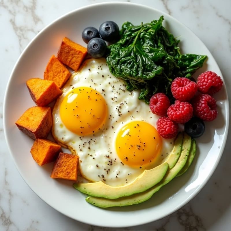Scrambled Eggs with Roasted Sweet Potato and Spinach