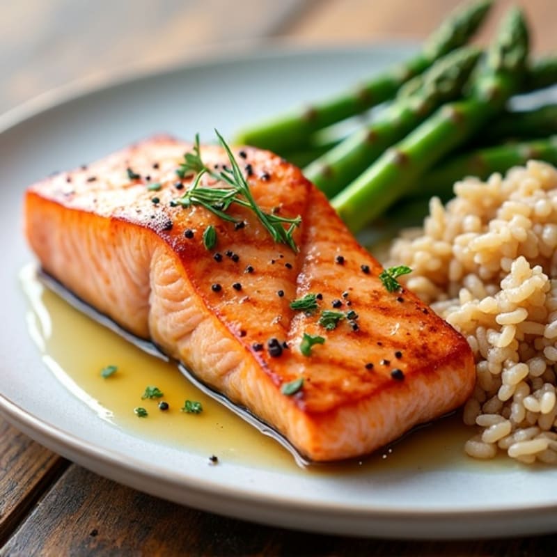 Seared Salmon Fillet with Steamed Asparagus and Brown Rice