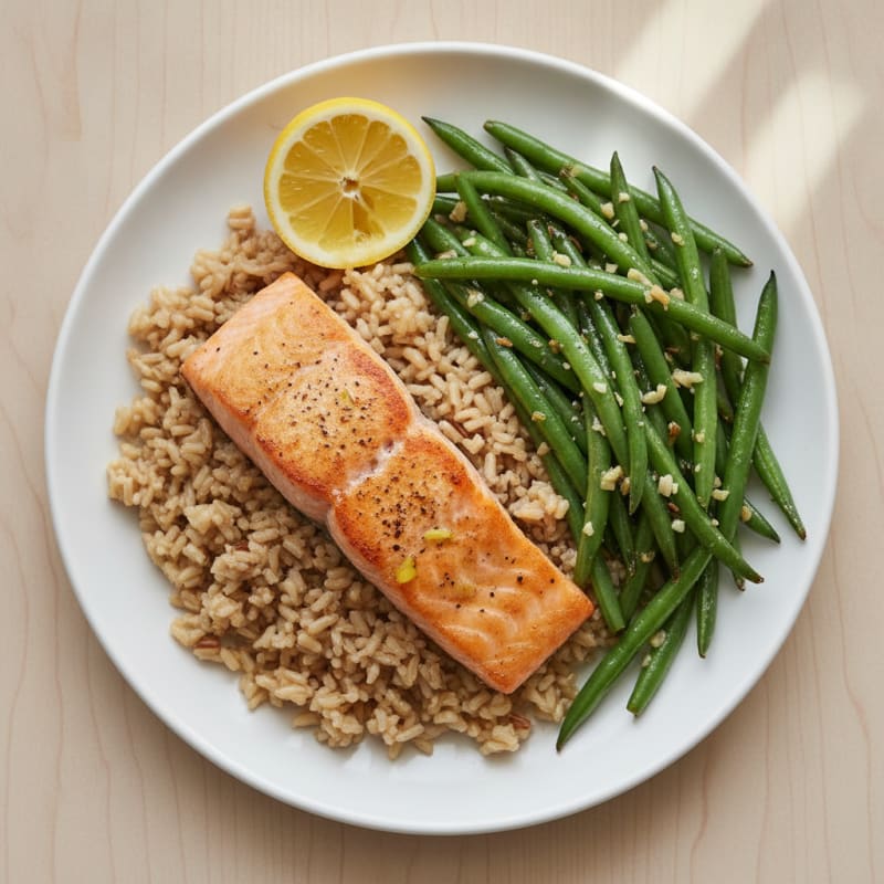 Seared Salmon Fillet with Garlic Green Beans and Brown Rice