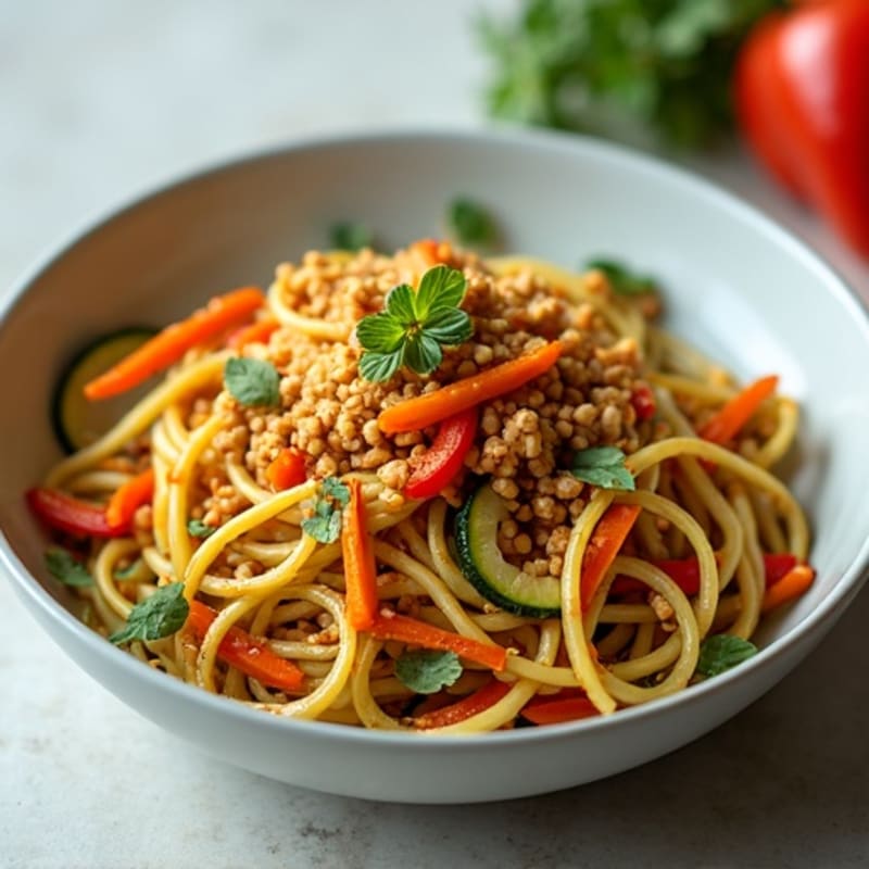 Spicy Peanut Ground Chicken with Fresh Veggie Noodles