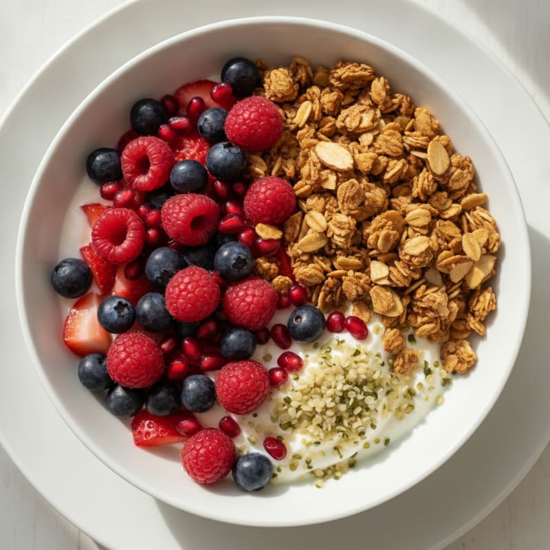 Greek Yogurt Bowl with Crunchy Almond Granola and Mixed Berries