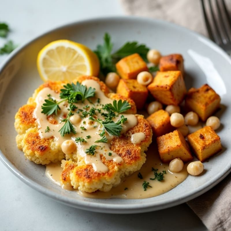 Crispy Roasted Cauliflower Steaks with Herb-Lemon Tahini Sauce and Grilled Tofu