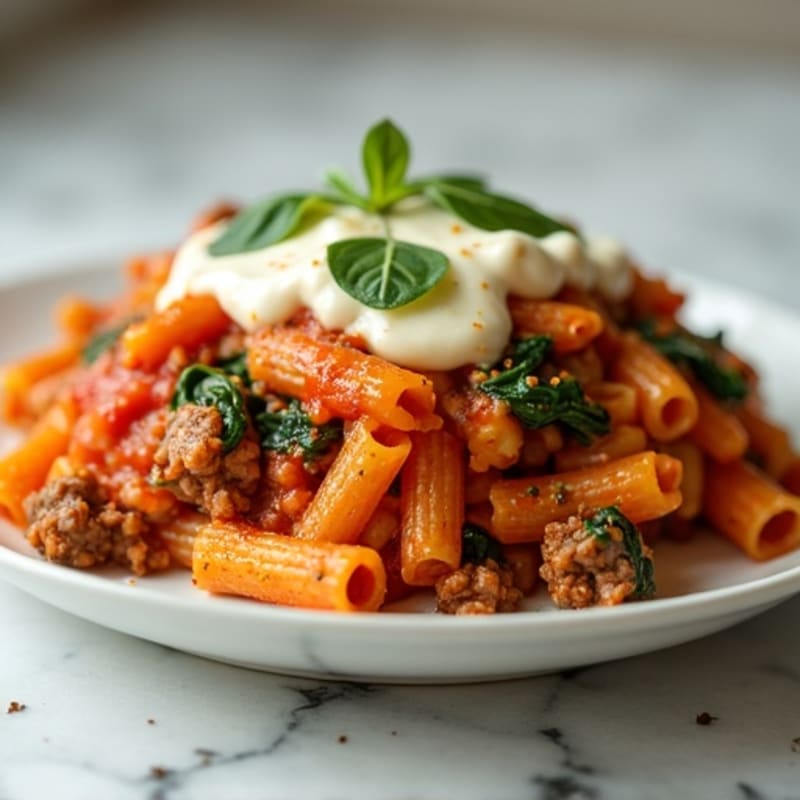 High-Protein Baked Ziti with Lean Ground Beef and Spinach