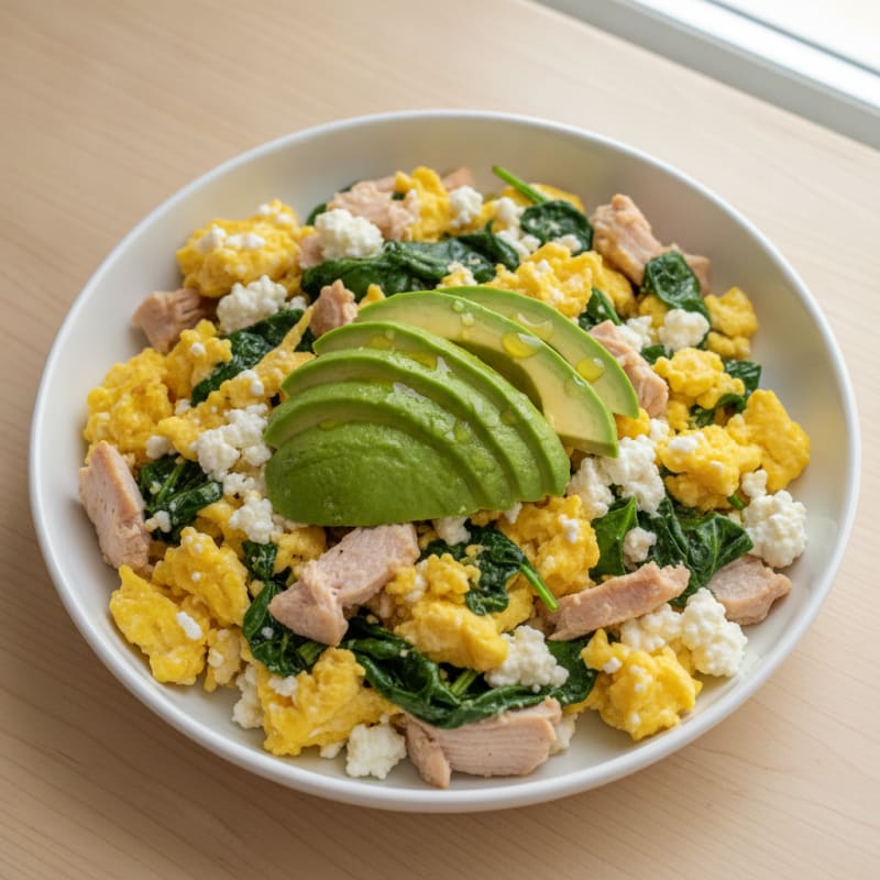 Cottage Cheese Scramble with Spinach and Roasted Turkey