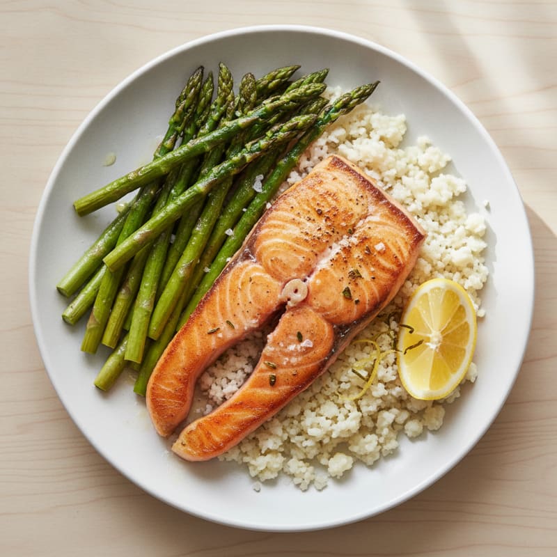 Seared Salmon with Roasted Asparagus and Cauliflower Rice
