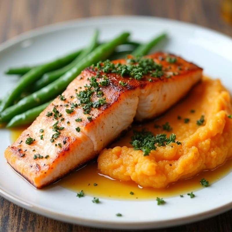 Seared Salmon with Garlic Green Beans and Mashed Sweet Potato