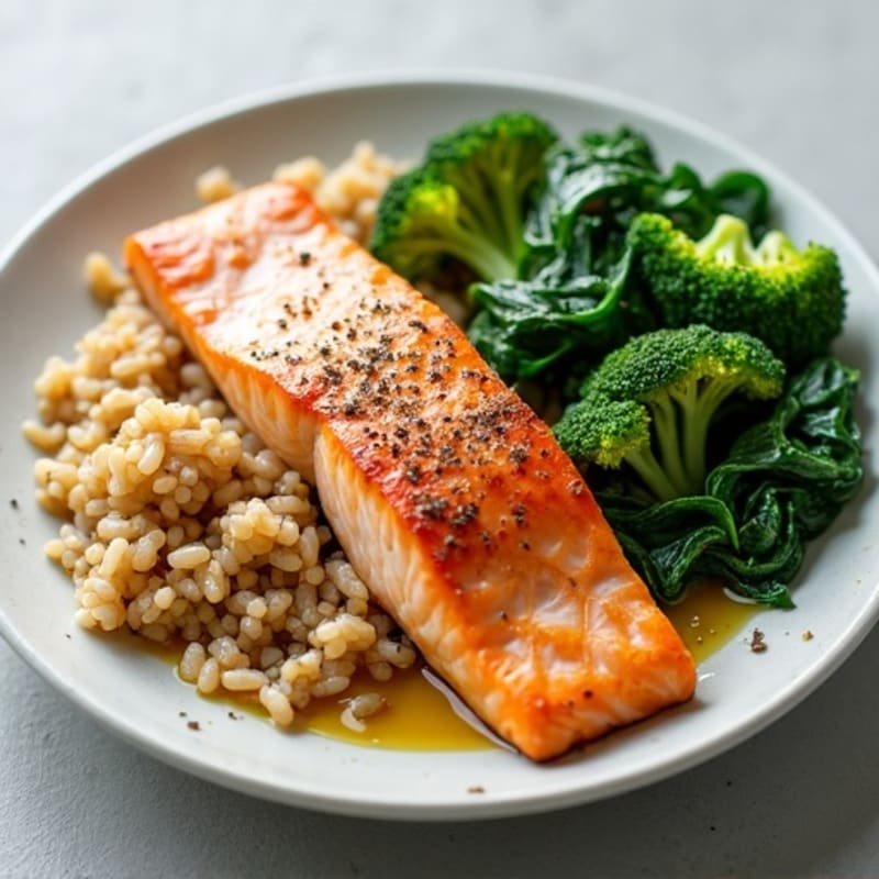 Pan-Seared Salmon with Fluffy Brown Rice, Roasted Broccoli, and Creamy Spinach