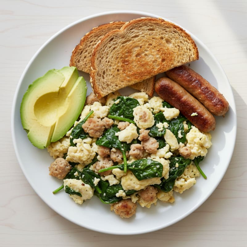 Egg White Scramble with Turkey Sausage and Sautéed Spinach