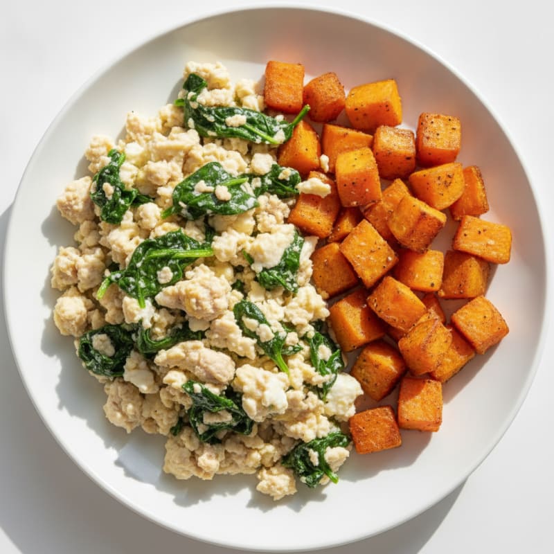 Egg White and Turkey Spinach Scramble with Roasted Sweet Potatoes