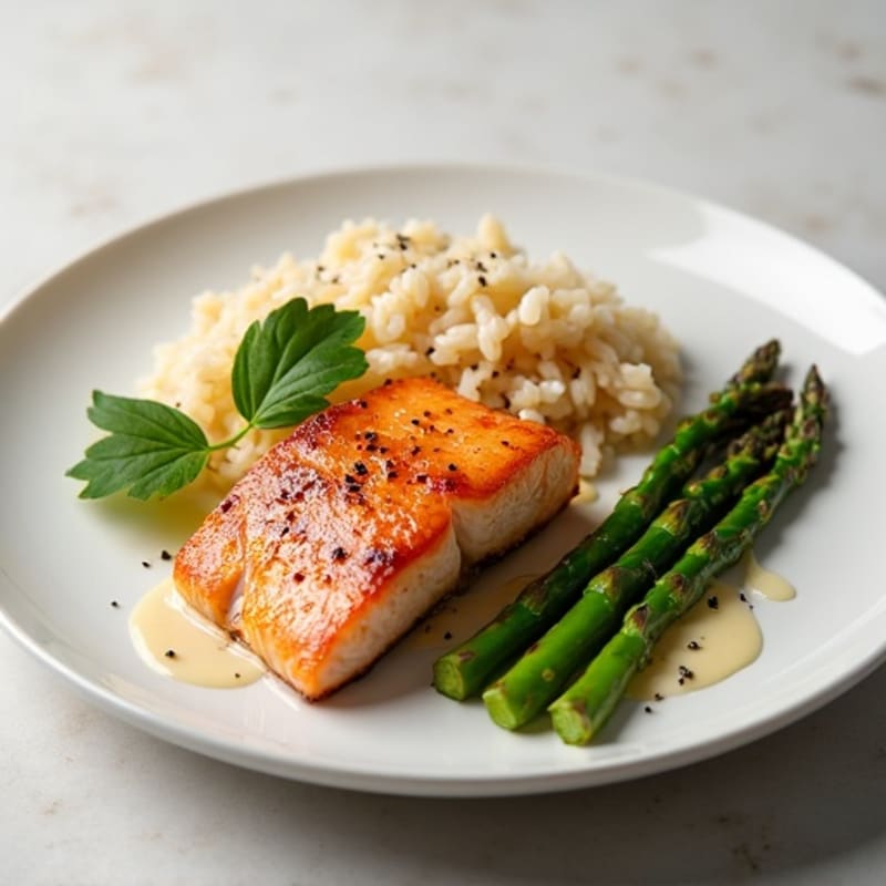 Seared Salmon with Steamed Asparagus and Brown Rice