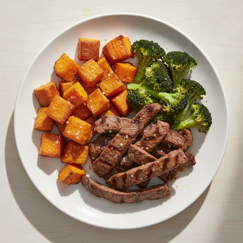 Seared Lean Beef Strips with Roasted Sweet Potato and Broccoli