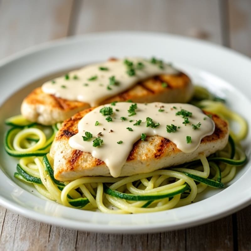 Creamy Cauliflower Alfredo Chicken with Zucchini Noodles
