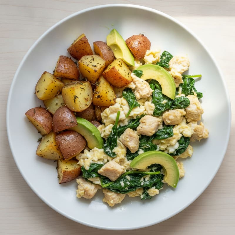 Egg White and Spinach Scramble with Roasted Potatoes