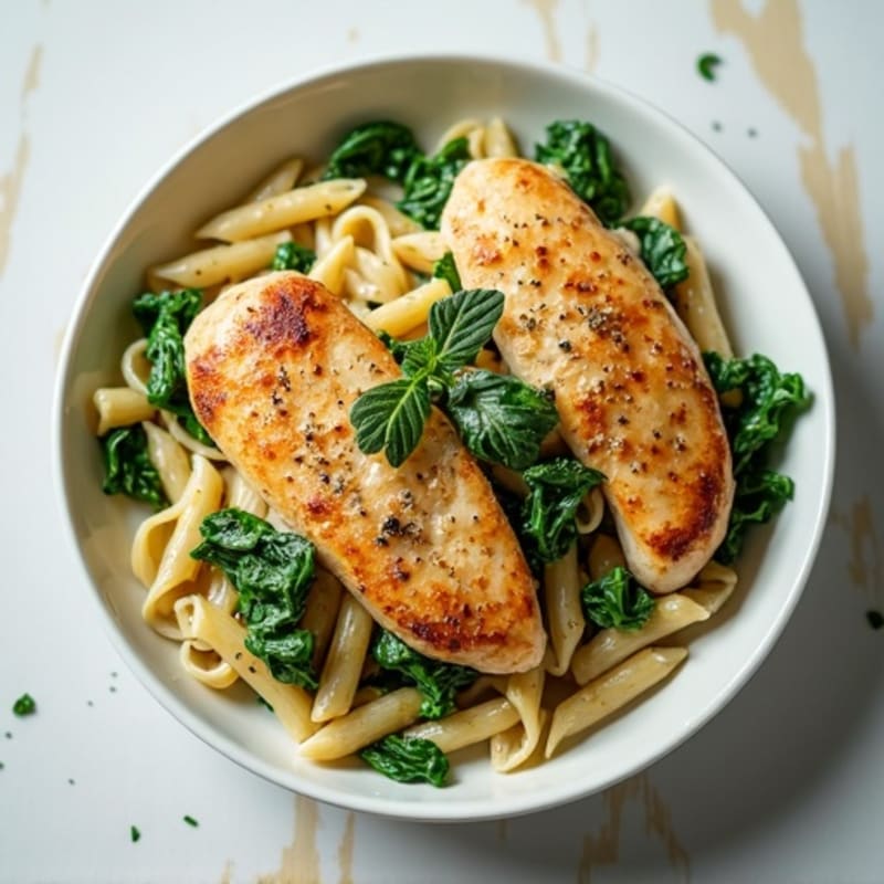 Pan-Seared Chicken and Whole Wheat Pasta with Creamy Garlic Spinach Sauce