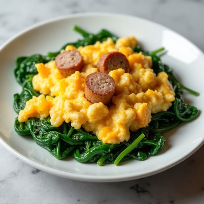 Egg White and Turkey Sausage Scramble with Sautéed Spinach