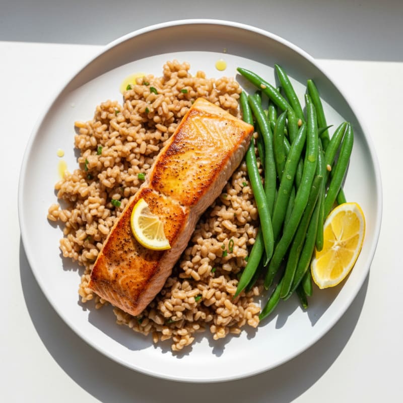 Seared Salmon with Steamed Green Beans and Brown Rice