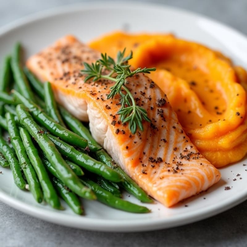 Baked Salmon with Garlic Green Beans and Sweet Potato Mash