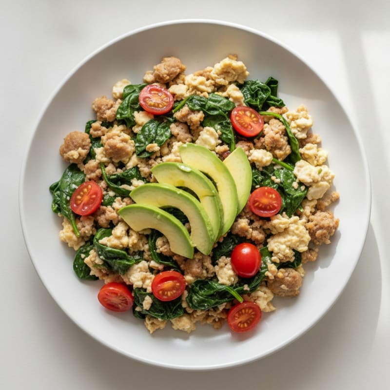 Egg White and Turkey Sausage Scramble with Spinach and Cherry Tomatoes