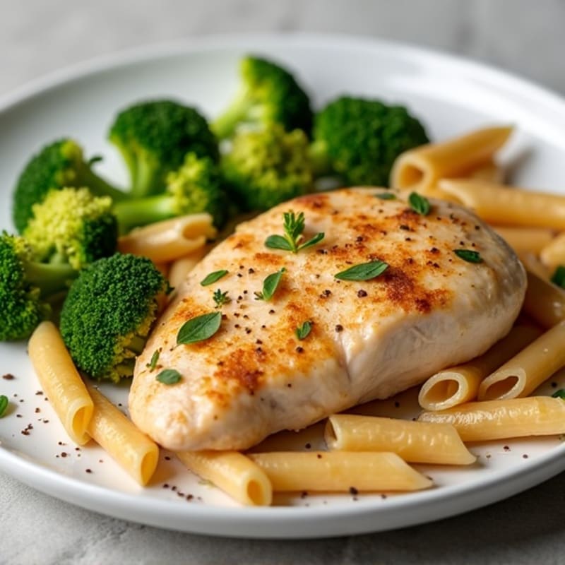 Lemon Garlic Chicken with Roasted Broccoli and Whole Wheat Penne