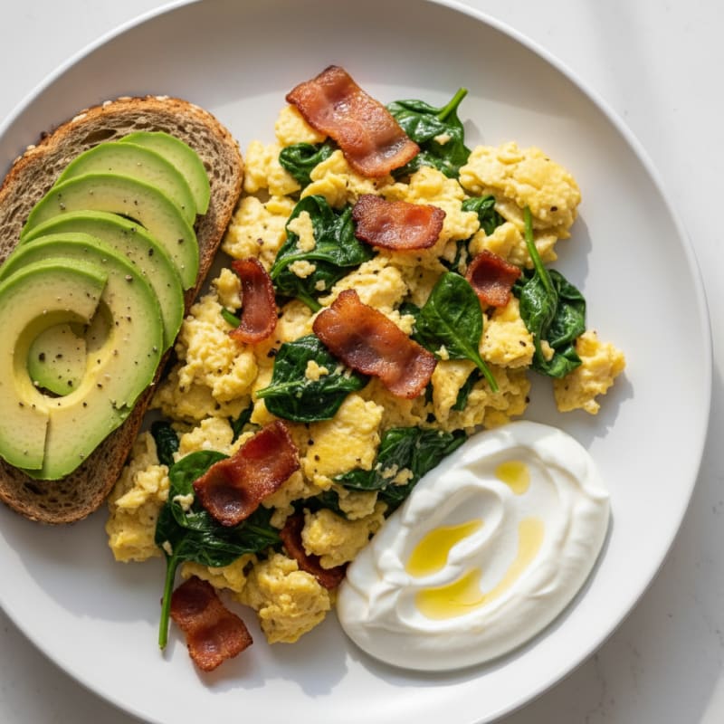 Crispy Turkey Bacon and Spinach Egg Scramble with Greek Yogurt