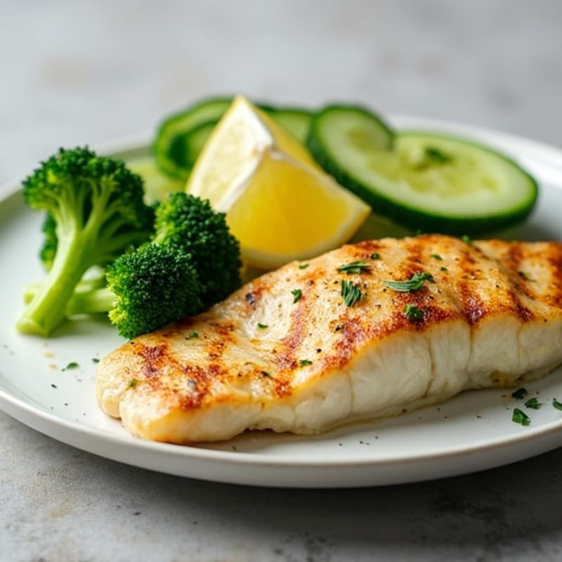 Grilled Tilapia with Steamed Broccoli and Cucumber Salad