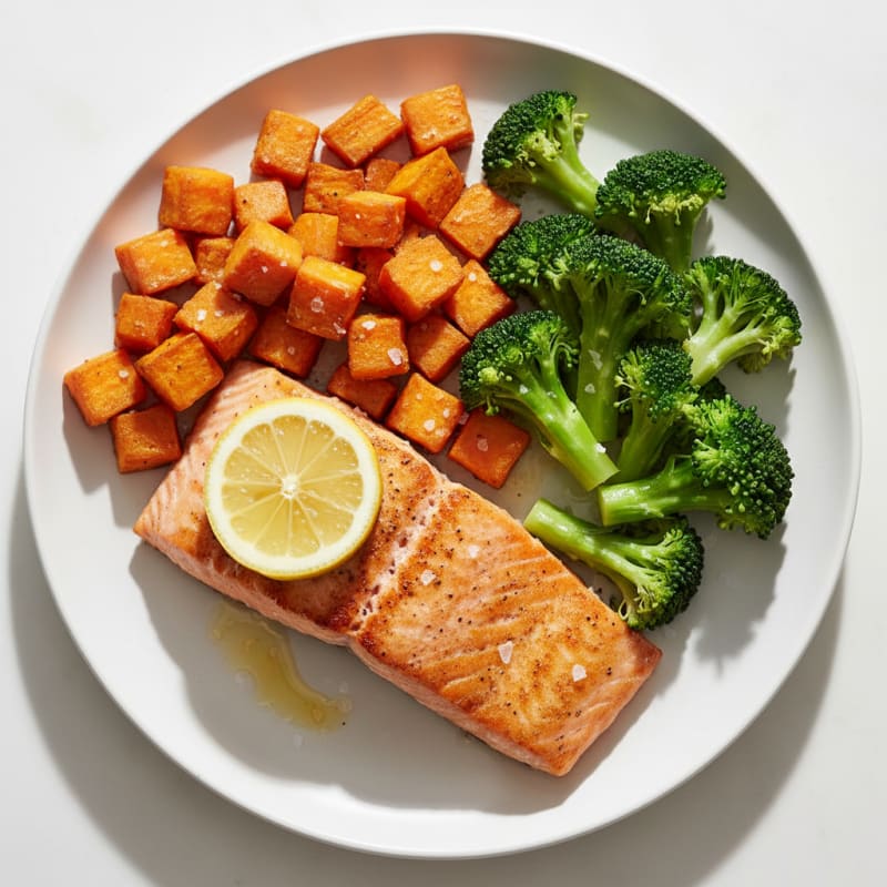 Seared Salmon Fillet with Roasted Sweet Potato and Steamed Broccoli