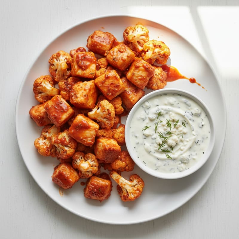 Buffalo Cauliflower and Chicken Bites with Blue Cheese Dip