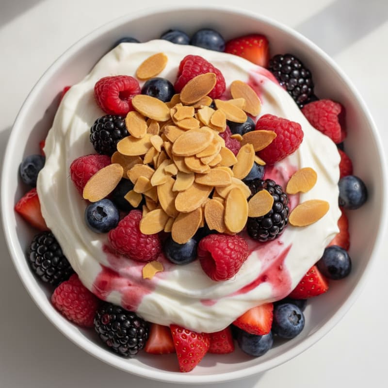 Greek Yogurt Protein Parfait with Mixed Berries and Almonds