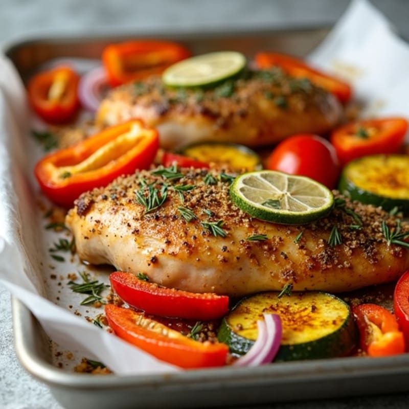Herb-Crusted Sheet Pan Chicken with Roasted Rainbow Vegetables