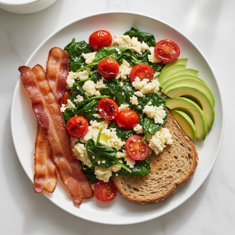 Crispy Turkey Bacon Egg White Scramble with Spinach and Tomatoes