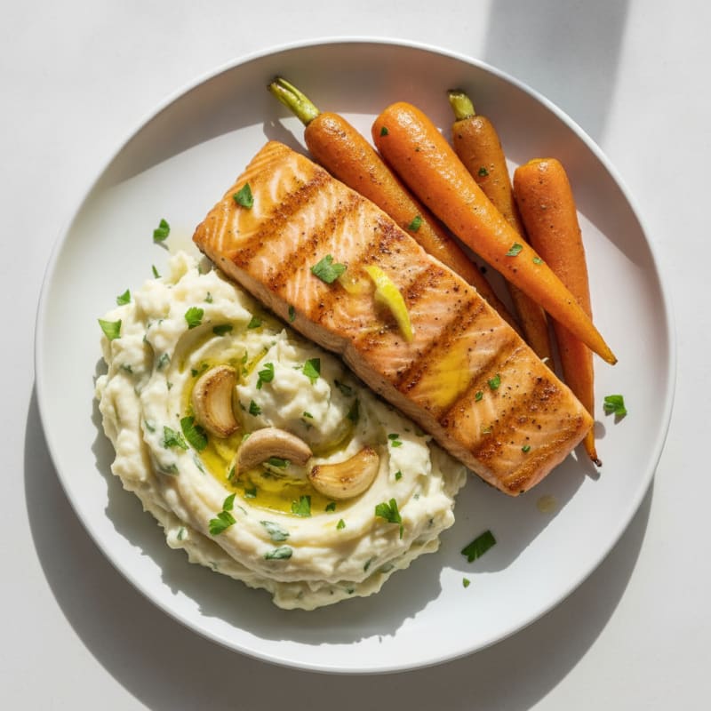 Pan-Seared Salmon with Roasted Carrots and Garlic Mashed Potatoes