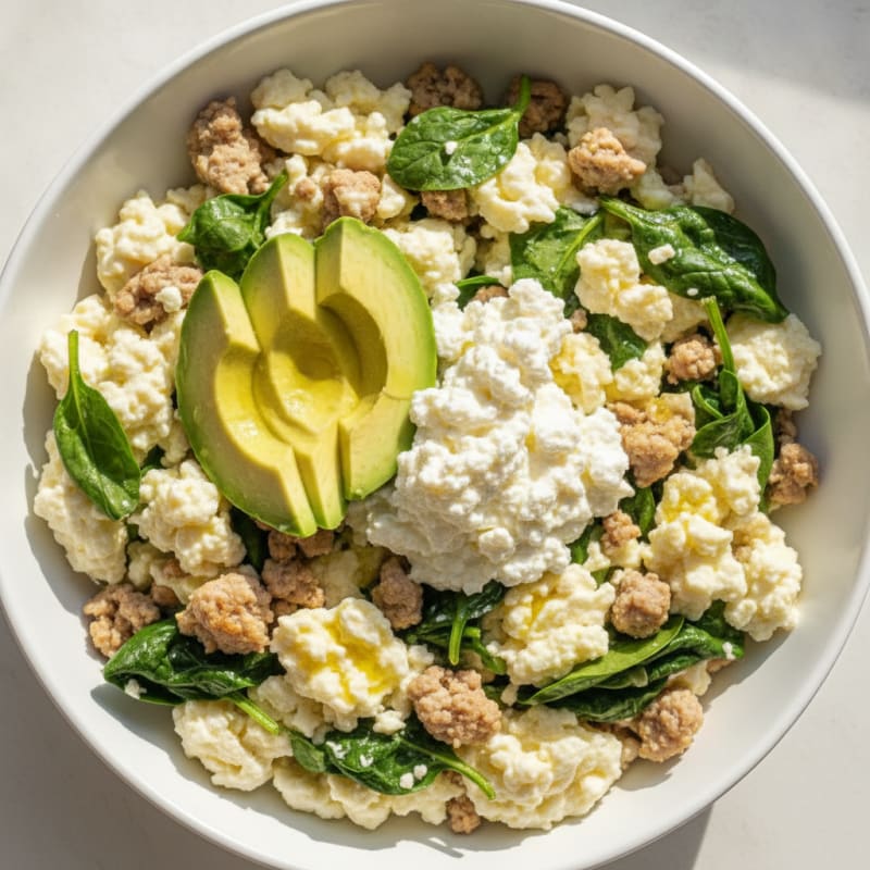 Egg White and Turkey Spinach Scramble with Cottage Cheese