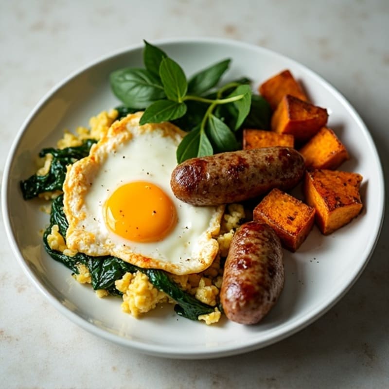 Egg White Spinach Scramble with Turkey Sausage and Roasted Sweet Potatoes