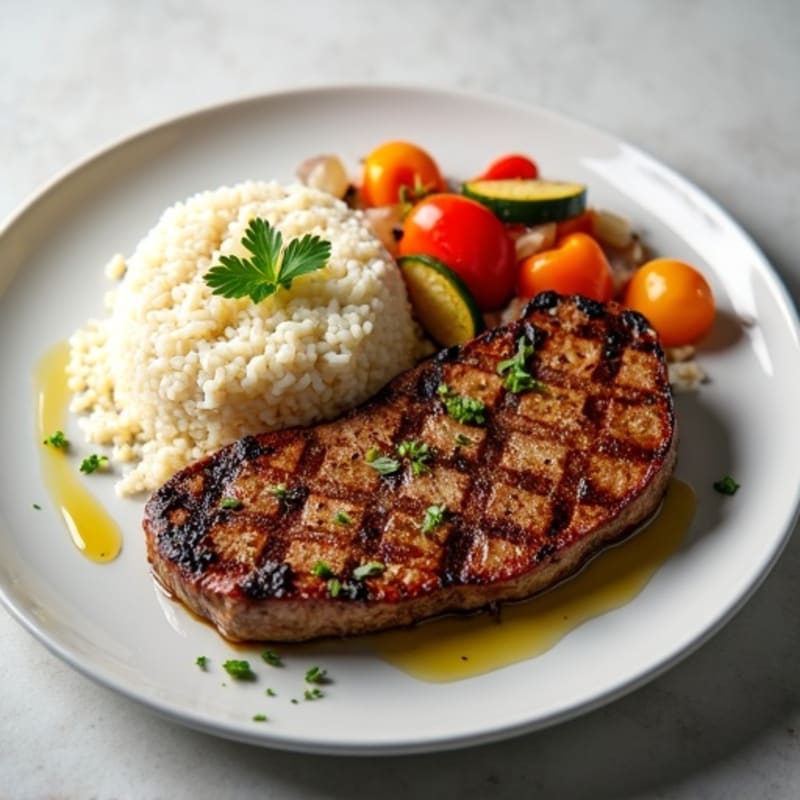 Grilled Beef Steak with Rice and Roasted Vegetables