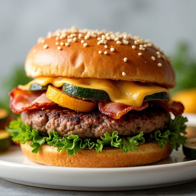 Lean Beef Burger Patties with Crispy Turkey Bacon and Cheesy Roasted Vegetables