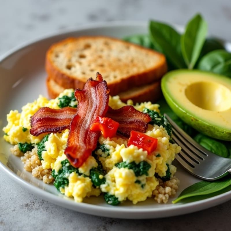 Crispy Turkey Bacon and Egg White Scramble with Sautéed Spinach