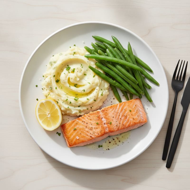 Seared Salmon with Steamed Green Beans and Garlic Mashed Potatoes