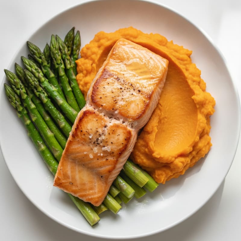 Seared Salmon with Roasted Asparagus and Sweet Potato Mash