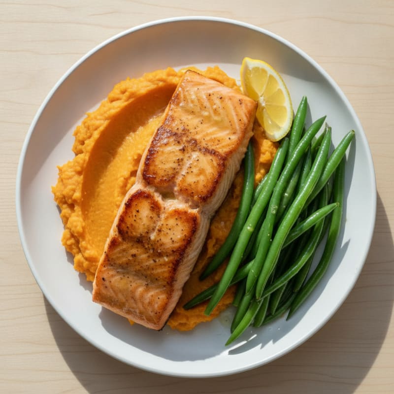 Seared Salmon Fillet with Steamed Green Beans and Sweet Potato Mash