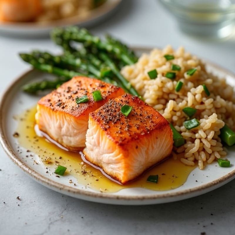 Seared Salmon with Steamed Asparagus and Brown Rice
