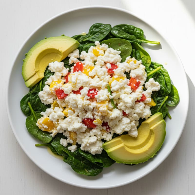 Egg White Veggie Scramble with Cottage Cheese and Sautéed Spinach