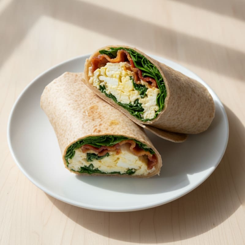 Scrambled Egg White and Spinach Wrap with Turkey Bacon