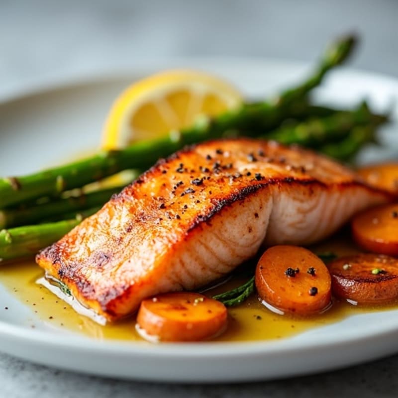 Seared Salmon with Roasted Sweet Potatoes and Asparagus