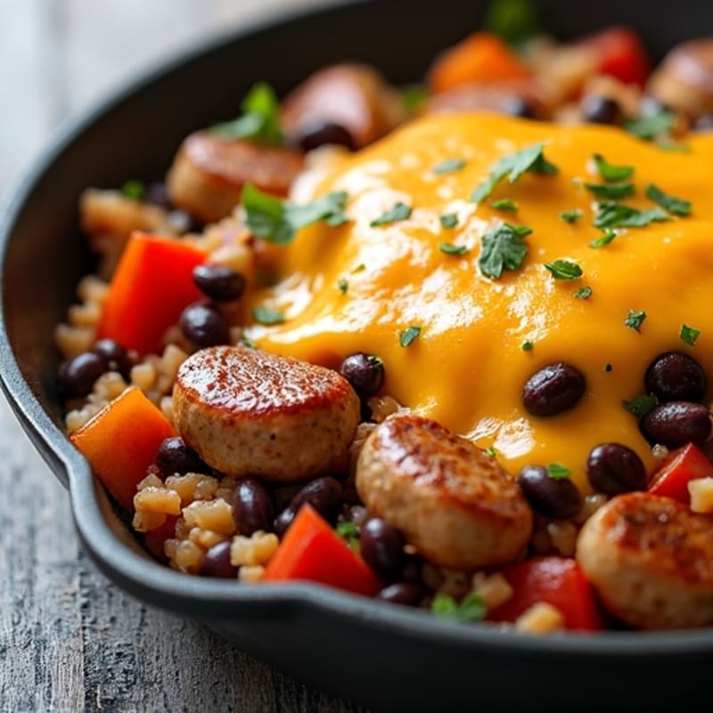 Skillet Chicken Sausage and Black Bean Hash with Melted Cheese