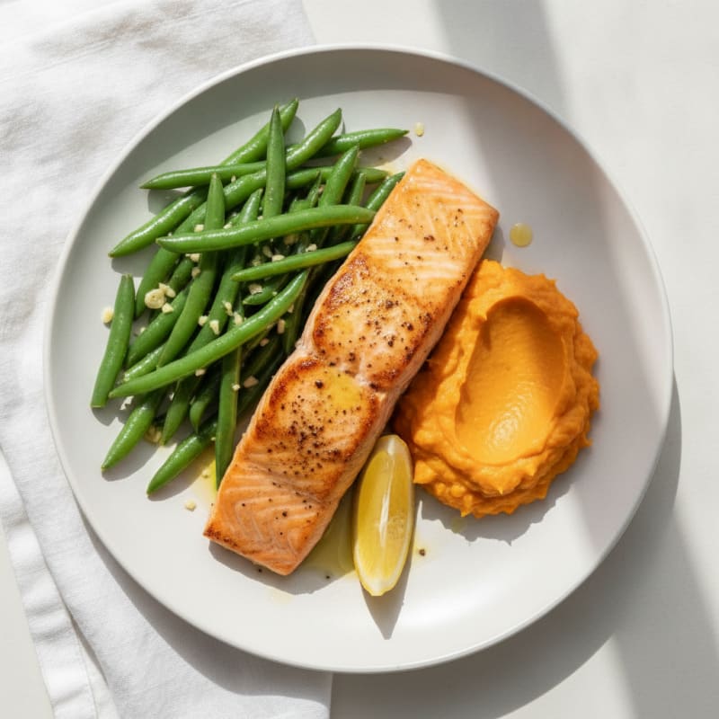 Seared Salmon with Garlic Green Beans and Sweet Potato Mash