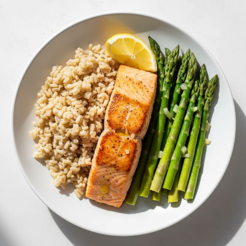 Seared Salmon with Steamed Asparagus and Brown Rice