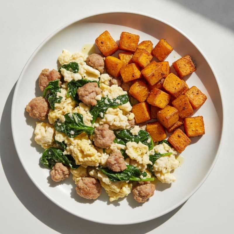 Egg White and Turkey Sausage Scramble with Spinach and Roasted Sweet Potatoes