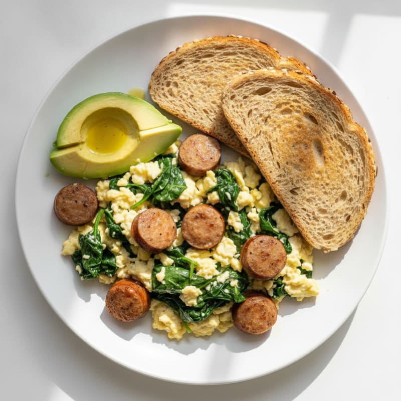 Egg White Spinach Scramble with Turkey Sausage